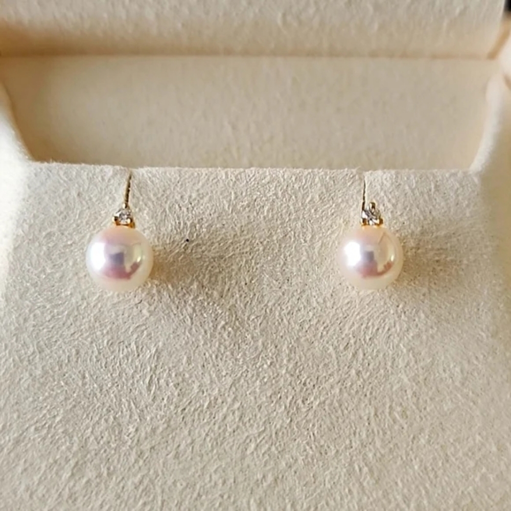 Mikimoto Akoya Stud Earrings with Diamond in 18k Yellow Gold (New)